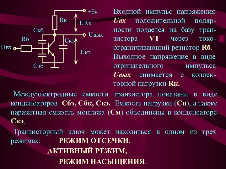 Междуэлектродные емкости транзистора показаны в виде конденсаторов Сбэ, Сбк, Скэ. Емкость