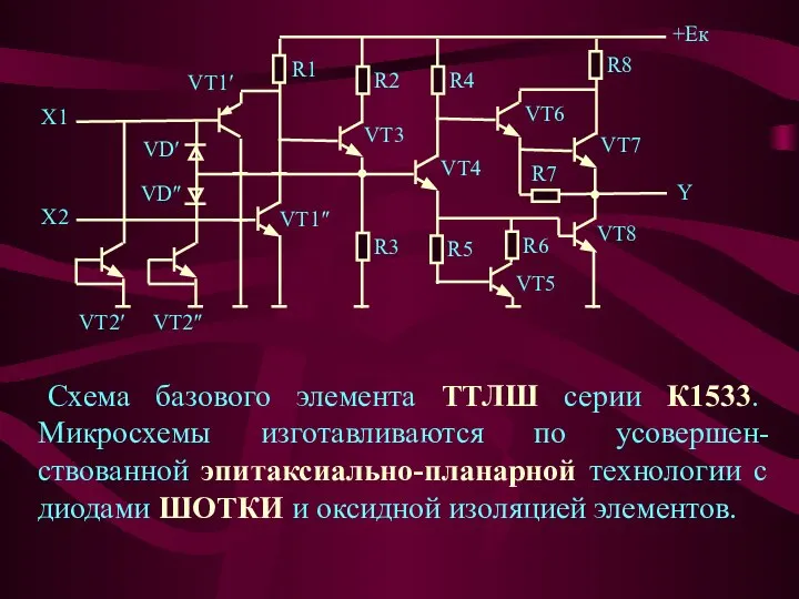 Схема базового элемента ТТЛШ серии К1533. Микросхемы изготавливаются по усовершен-ствованной эпитаксиально-планарной