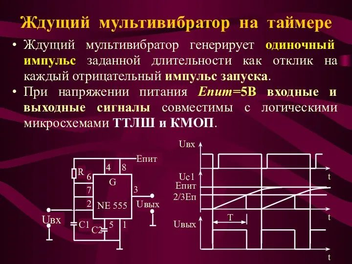 Ждущий мультивибратор на таймере Ждущий мультивибратор генерирует одиночный импульс заданной длительности