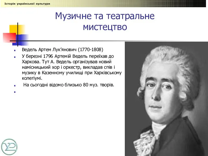 Музичне та театральне мистецтво Ведель Артем Лук’янович (1770-1808) У березні 1796