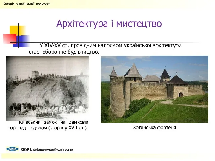 Київський замок на Замковій горі над Подолом (згорів у XVII ст.).