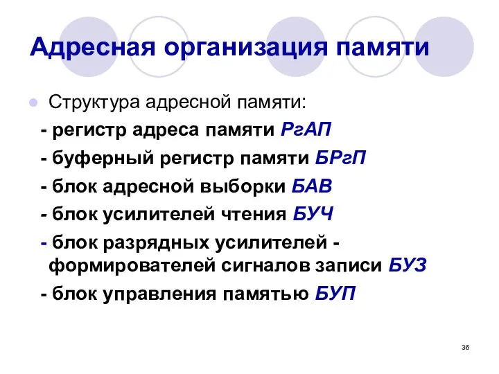 Адресная организация памяти Структура адресной памяти: - регистр адреса памяти РгАП