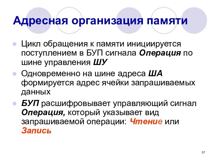 Адресная организация памяти Цикл обращения к памяти инициируется поступлением в БУП