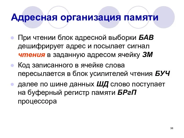 Адресная организация памяти При чтении блок адресной выборки БАВ дешифрирует адрес