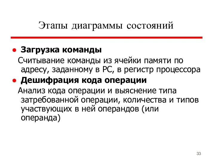 Этапы диаграммы состояний Загрузка команды Считывание команды из ячейки памяти по