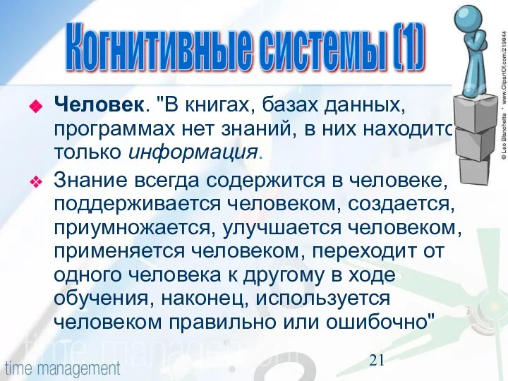 Человек. "В книгах, базах данных, программах нет знаний, в них находится