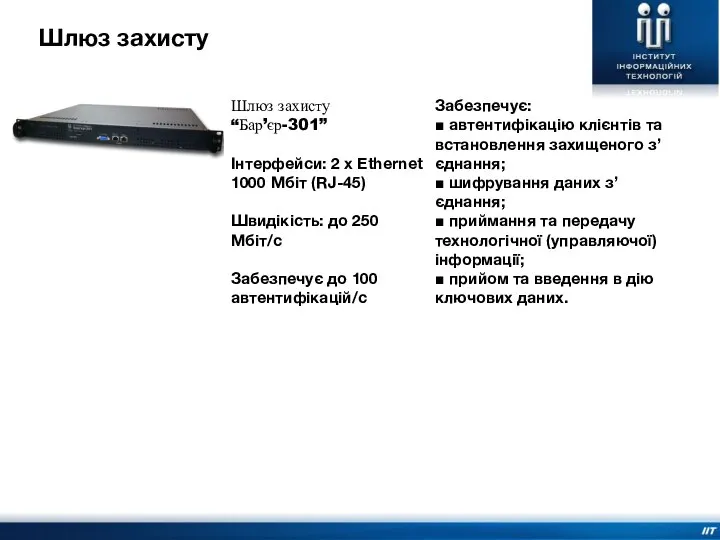 Шлюз захисту Шлюз захисту “Бар’єр-301” Інтерфейси: 2 x Ethernet 1000 Мбіт