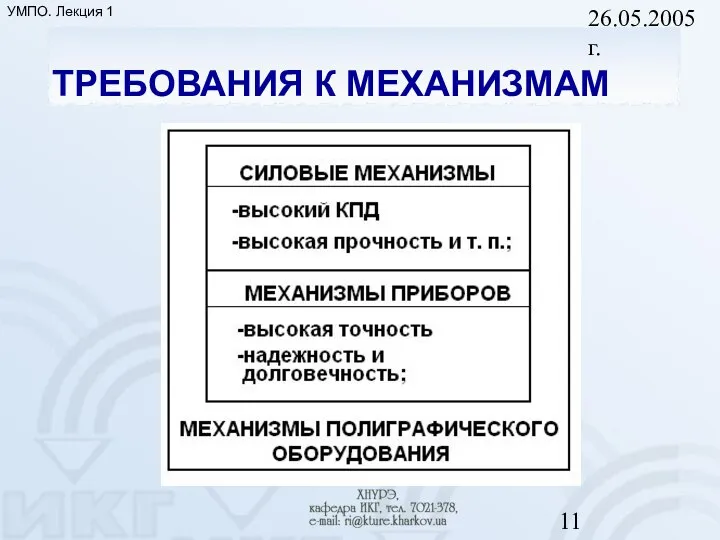 26.05.2005 г. ТРЕБОВАНИЯ К МЕХАНИЗМАМ УМПО. Лекция 1