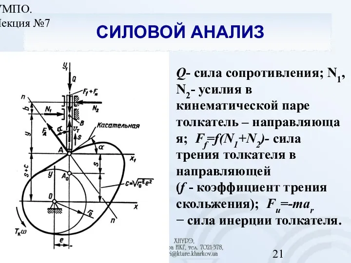 УМПО. Лекция №7 СИЛОВОЙ АНАЛИЗ Q- сила сопротивления; N1, N2- усилия