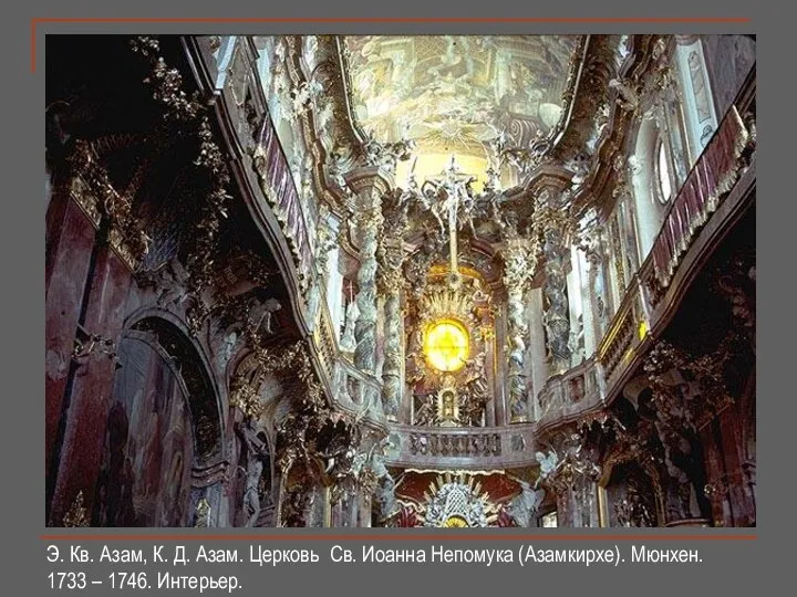 Э. Кв. Азам, К. Д. Азам. Церковь Св. Иоанна Непомука (Азамкирхе). Мюнхен. 1733 – 1746. Интерьер.