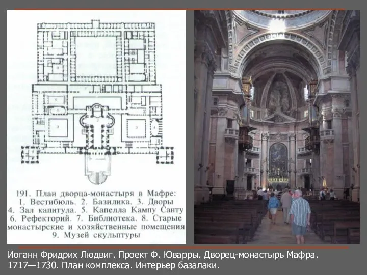 Иоганн Фридрих Людвиг. Проект Ф. Юварры. Дворец-монастырь Мафра. 1717—1730. План комплекса. Интерьер базалаки.