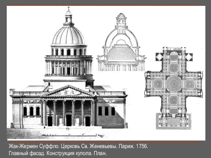 Жак-Жермен Суффло. Церковь Св. Женевьевы. Париж. 1756. Главный фасад. Конструкция купола. План.