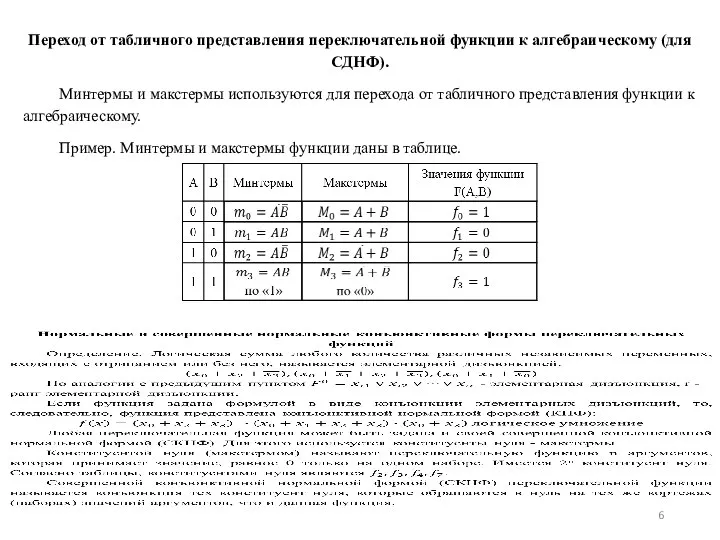 Переход от табличного представления переключательной функции к алгебраическому (для СДНФ). Минтермы