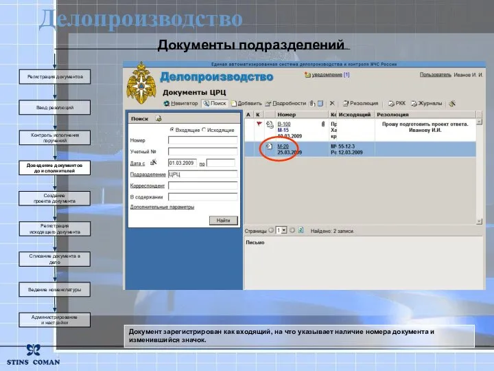 Документы подразделений Регистрация документов Ввод резолюций Контроль исполнения поручений Создание проекта