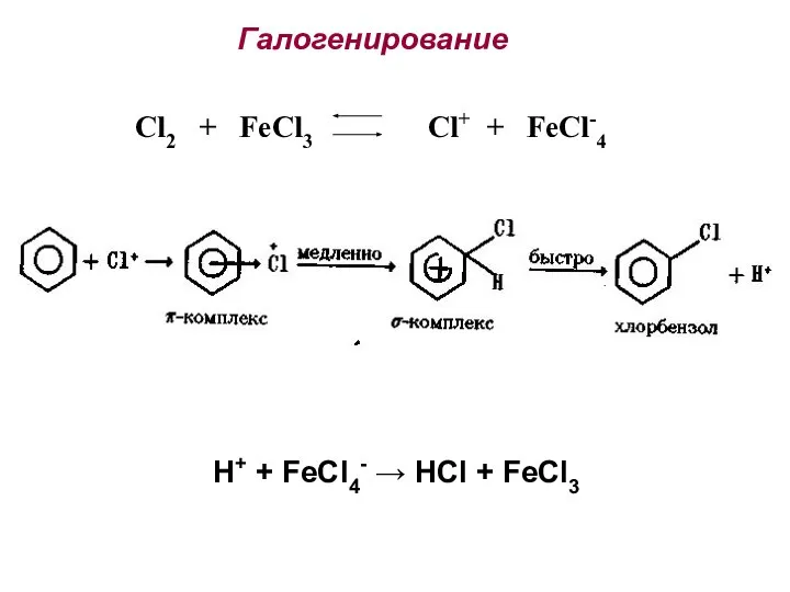 Галогенирование Cl2 + FeCl3 Cl+ + FeCl-4 H+ + FeCl4- → HCl + FeCl3