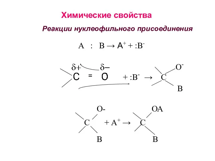 Химические свойства Реакции нуклеофильного присоединения = + :В- → С О-