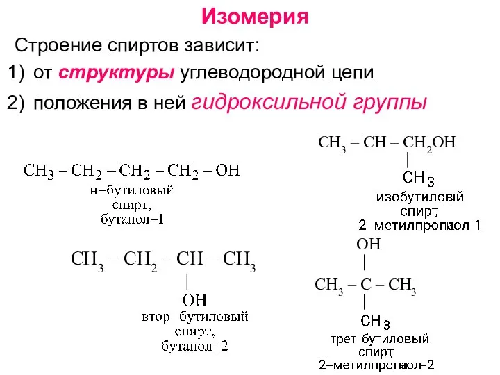 Изомерия Строение спиртов зависит: от структуры углеводородной цепи положения в ней