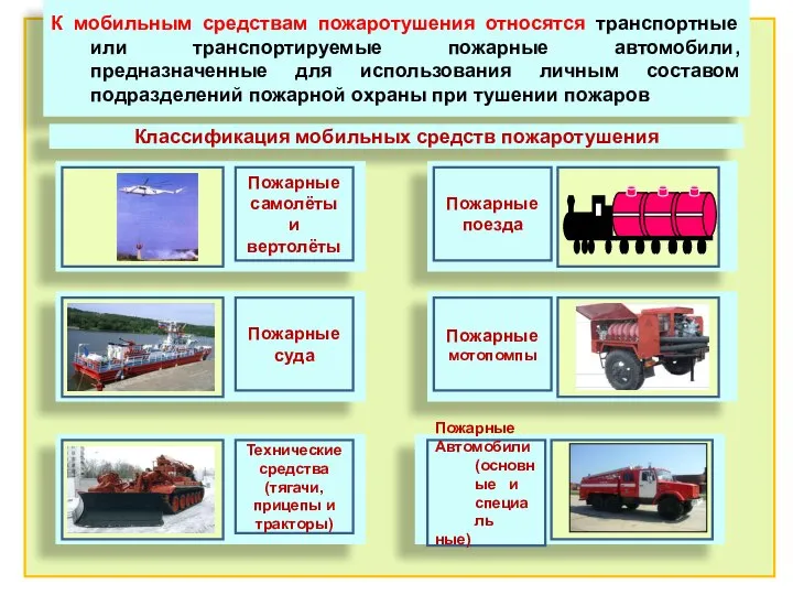 К мобильным средствам пожаротушения относятся транспортные или транспортируемые пожарные автомобили, предназначенные