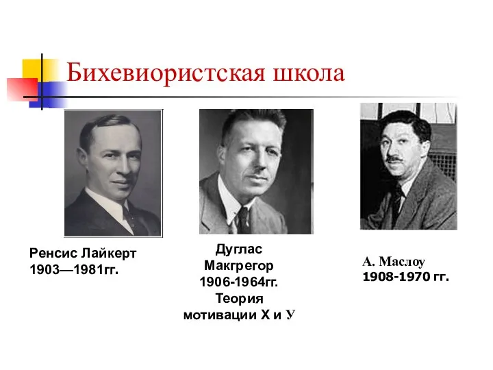 Бихевиористская школа Дуглас Макгрегор 1906-1964гг. Теория мотивации Х и У Ренсис