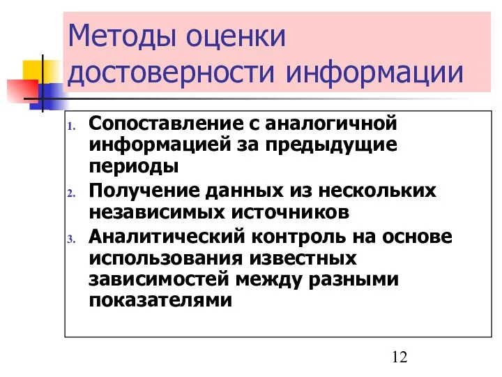 Методы оценки достоверности информации Сопоставление с аналогичной информацией за предыдущие периоды