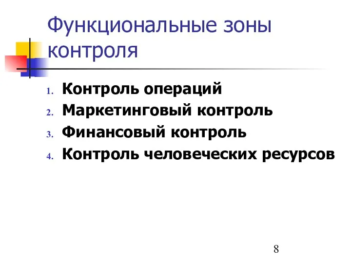 Функциональные зоны контроля Контроль операций Маркетинговый контроль Финансовый контроль Контроль человеческих ресурсов