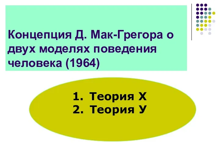 Концепция Д. Мак-Грегора о двух моделях поведения человека (1964) Теория Х