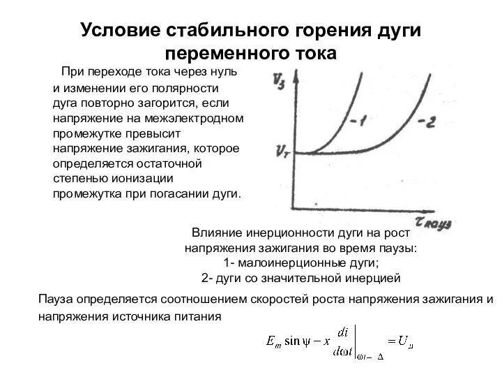 Условие стабильного горения дуги переменного тока При переходе тока через нуль