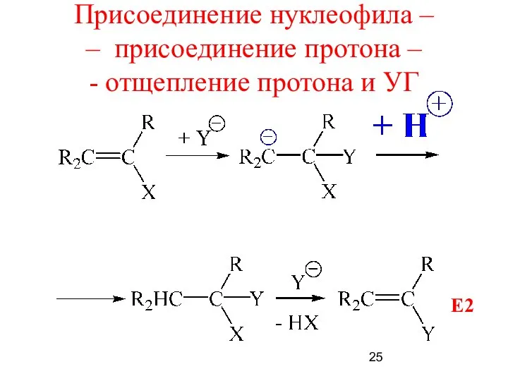 Присоединение нуклеофила – – присоединение протона – - отщепление протона и УГ Е2
