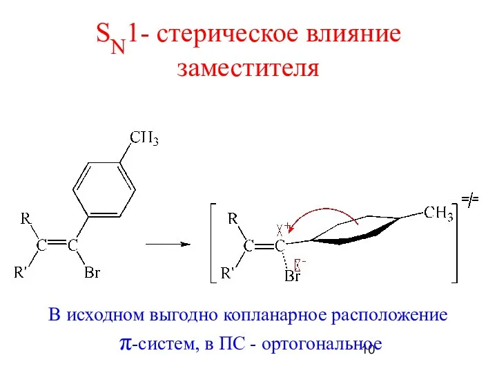 SN1- стерическое влияние заместителя В исходном выгодно копланарное расположение π-систем, в ПС - ортогональное