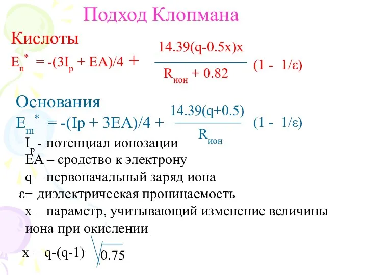 Подход Клопмана Кислоты En* = -(3Ip + EA)/4 + 14.39(q+0.5) Rион