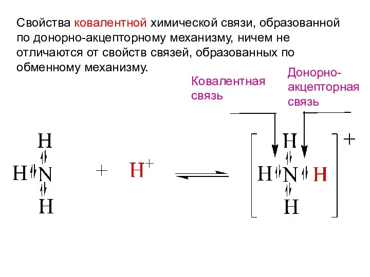 Свойства ковалентной химической связи, образованной по донорно-акцепторному механизму, ничем не отличаются