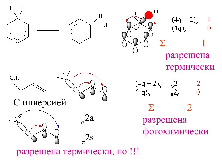 1 разрешена термически 2 разрешена фотохимически С инверсией σ2a π2s разрешена термически, но !!!