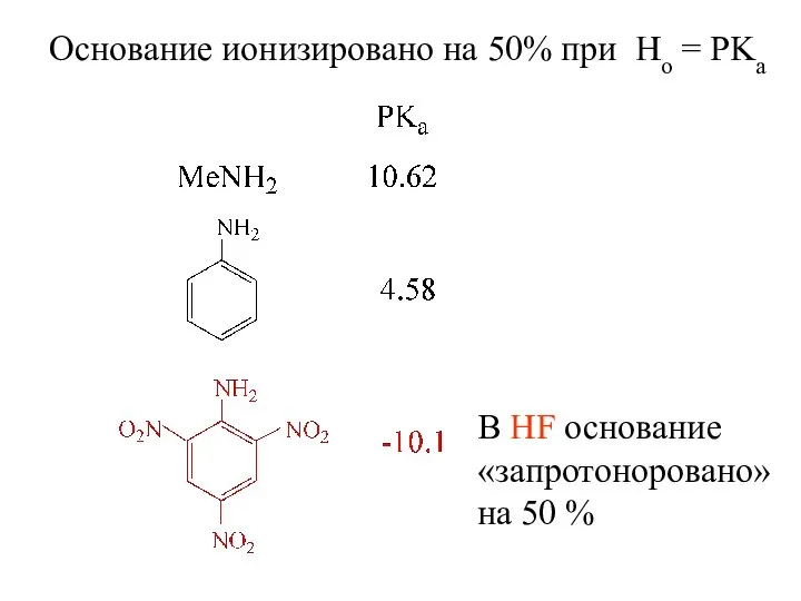 Основание ионизировано на 50% при Ho = PKa В HF основание «запротоноровано» на 50 %