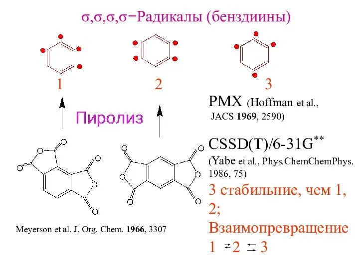 σ,σ,σ,σ−Радикалы (бенздиины) 1 2 3 Meyerson et al. J. Org. Chem.
