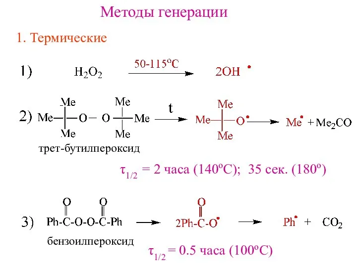 Методы генерации 1. Термические трет-бутилпероксид бензоилпероксид τ1/2 = 2 часа (140оС);