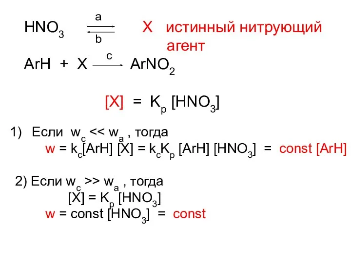 HNO3 X истинный нитрующий агент ArH + X ArNO2 [X] =