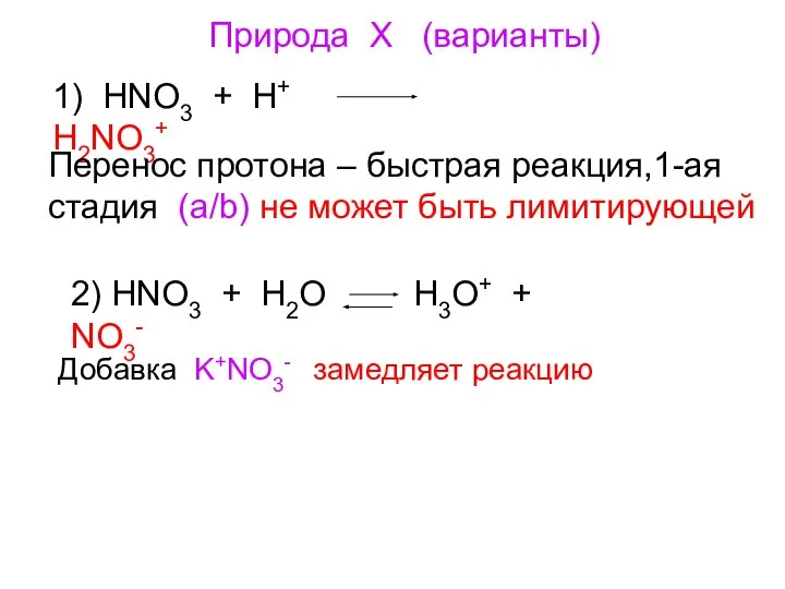 Природа Х (варианты) 1) HNO3 + H+ H2NO3+ Перенос протона –