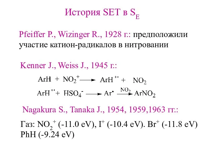 История SET в SE Pfeiffer P., Wizinger R., 1928 г.: предположили