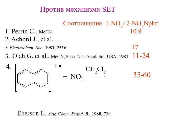 Против механизма SET Соотношение 1-NO2/ 2-NO2Npht: 1. Perrin C., MeCN 10.9