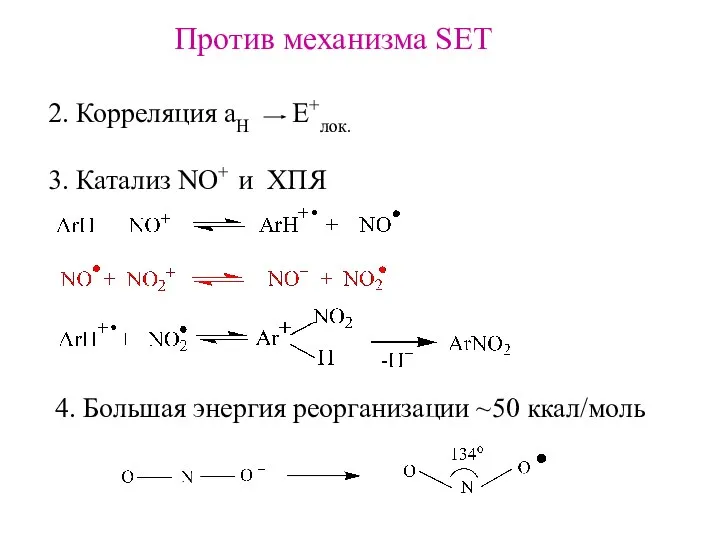 Против механизма SET 2. Корреляция aH Е+лок. 3. Катализ NO+ и