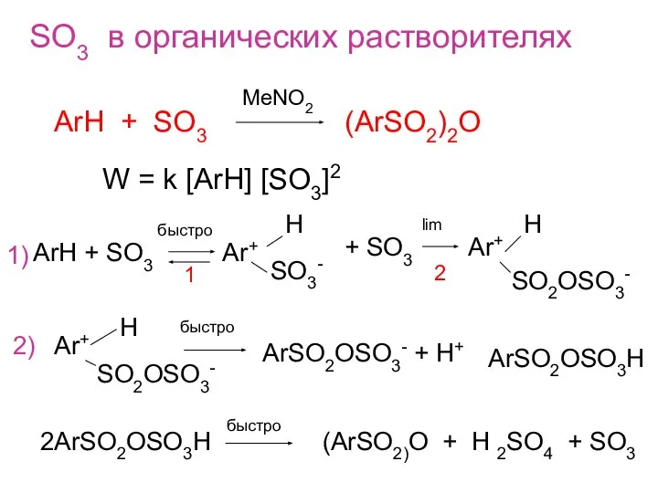 SO3 в органических растворителях ArH + SO3 (ArSO2)2O MeNO2 W =