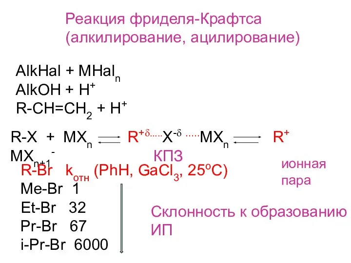 Реакция фриделя-Крафтса (алкилирование, ацилирование) AlkHal + MHaln AlkOH + H+ R-CH=CH2