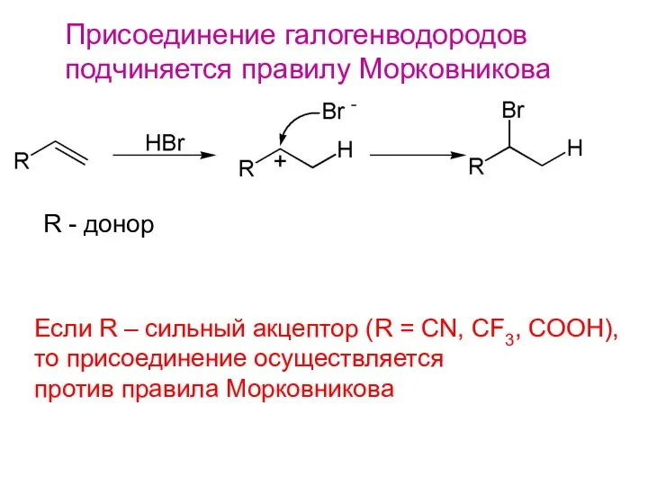 Присоединение галогенводородов подчиняется правилу Морковникова R - донор Если R –