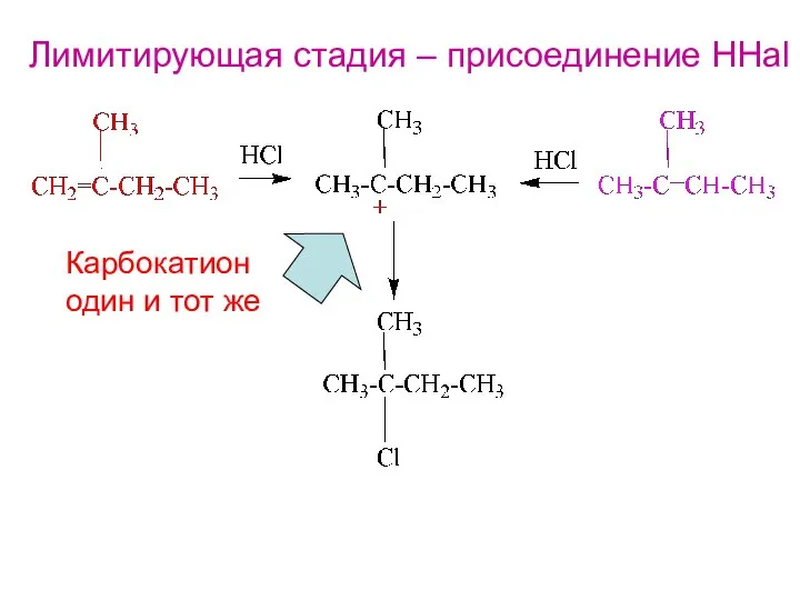 Лимитирующая стадия – присоединение HHal Карбокатион один и тот же