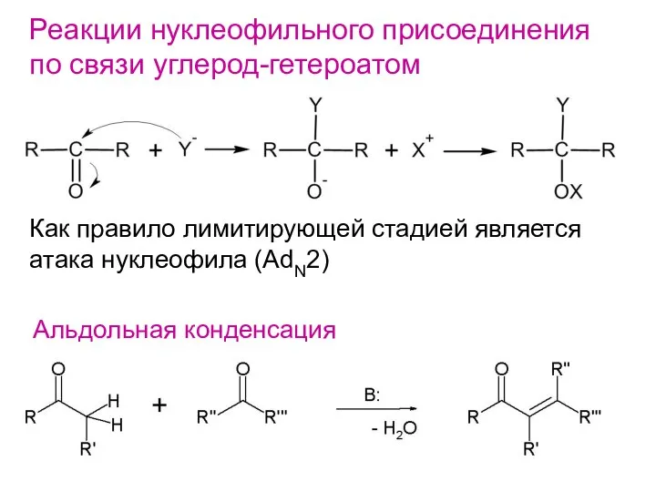 Реакции нуклеофильного присоединения по связи углерод-гетероатом Как правило лимитирующей стадией является атака нуклеофила (AdN2) Альдольная конденсация