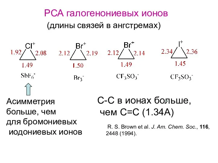 РСА галогенониевых ионов (длины связей в ангстремах) Асимметрия больше, чем для