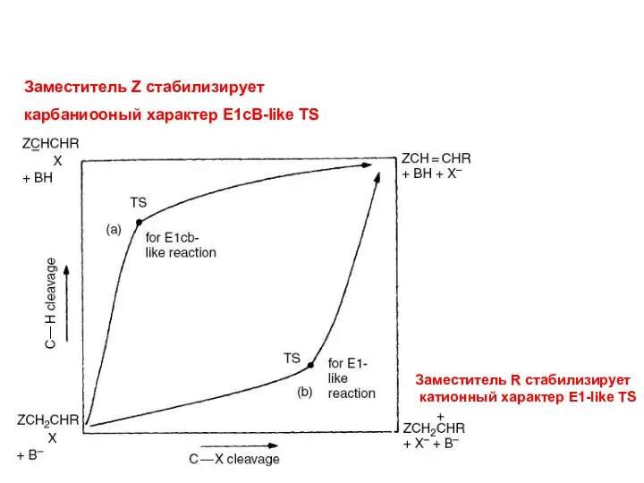 Заместитель Z стабилизирует карбаниооный характер Е1сВ-like TS Заместитель R стабилизирует катионный характер E1-like TS