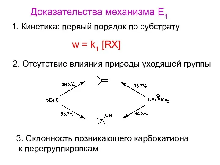 w = k1 [RX] Доказательства механизма Е1 1. Кинетика: первый порядок