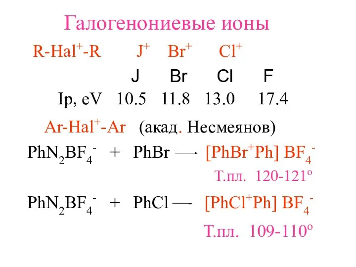 Галогенониевые ионы R-Hal+-R J+ Br+ Cl+ Ip, eV 10.5 11.8 13.0