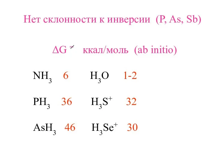 Нет склонности к инверсии (P, As, Sb) ΔG = ккал/моль (ab